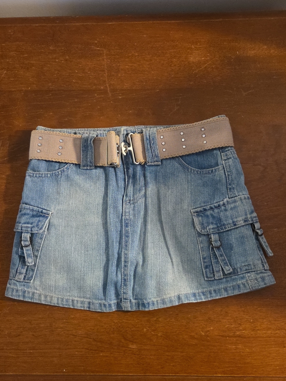 Faded Glory Light Blue Denim Mini Skort with Tan Belt